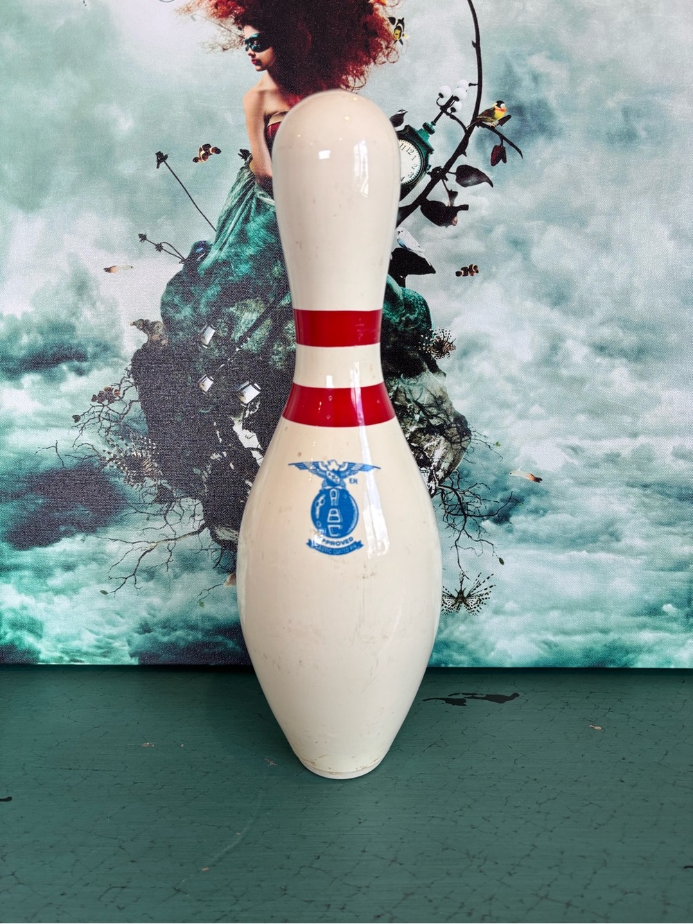 Vintage White Bowling Pin with Red Bands